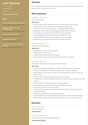 Unit Coordinator Resume Sample and Template