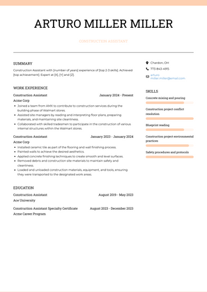 Construction Assistant Resume Sample and Template