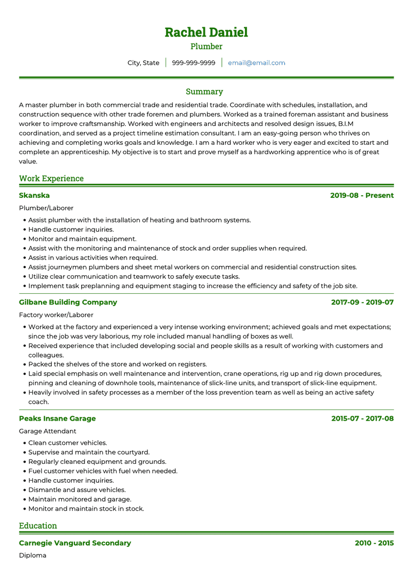 examples of plumber resume