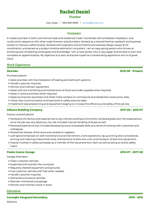 Plumber CV Example and Template