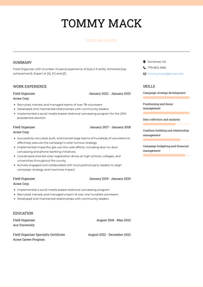 Field Organizer Resume Sample and Template