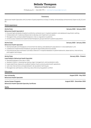 Behavioral Health Specialist Resume Sample and Template