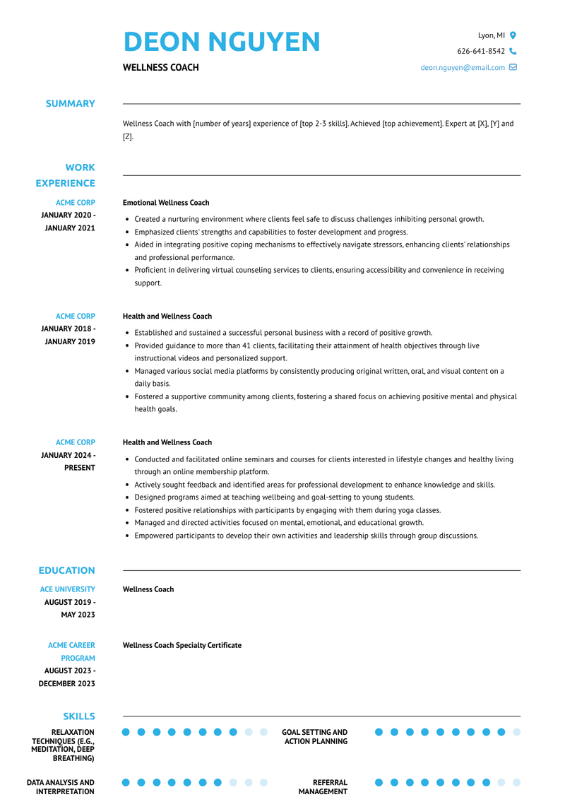 Wellness Coach Resume Sample and Template