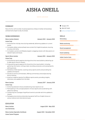 News Anchor Resume Sample and Template