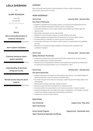 Alarm Technician Resume Sample and Template