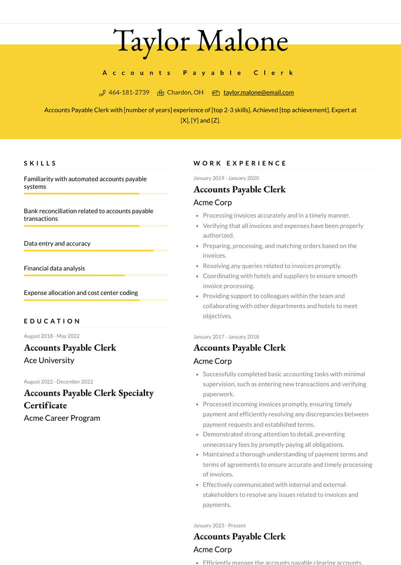 Accounts Payable Clerk Resume Sample and Template