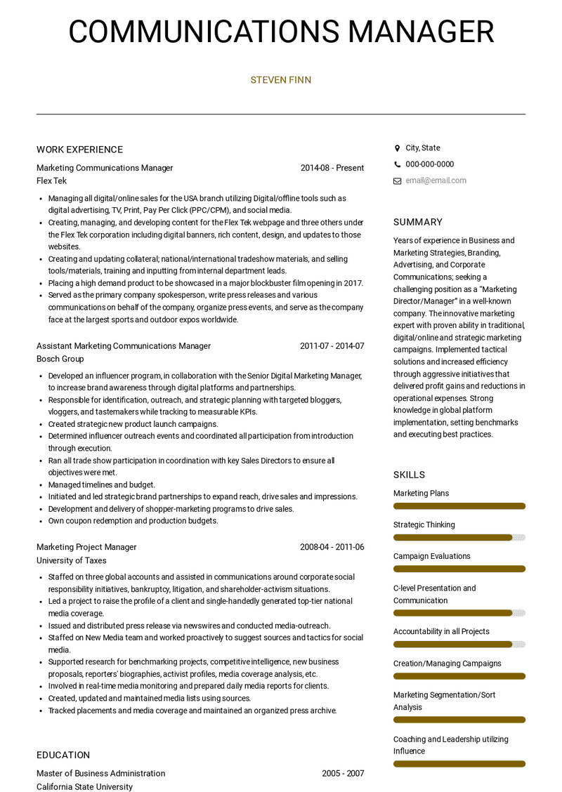 Communications Manager Resume Sample and Template