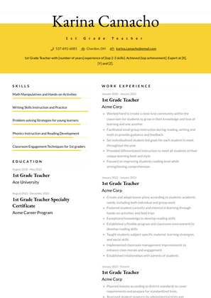 1st Grade Teacher Resume Sample and Template