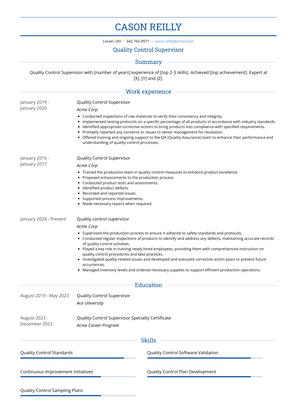 Quality Control Supervisor Resume Sample and Template