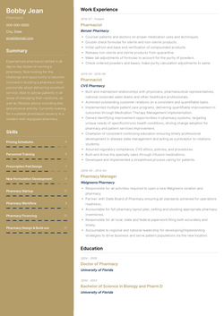 Pharmacist Resume Template and Example - Quartz by VisualCV