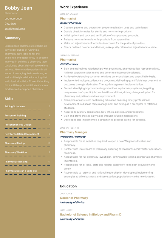Pharmacist Resume Template and Example - Quartz by VisualCV