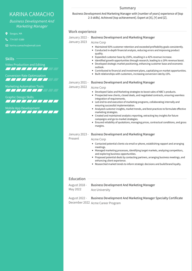 Business Development And Marketing Manager Resume Sample and Template