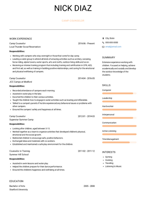 Camp Counselor Resume Sample and Template