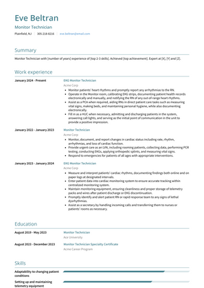 Monitor Technician Resume Sample and Template