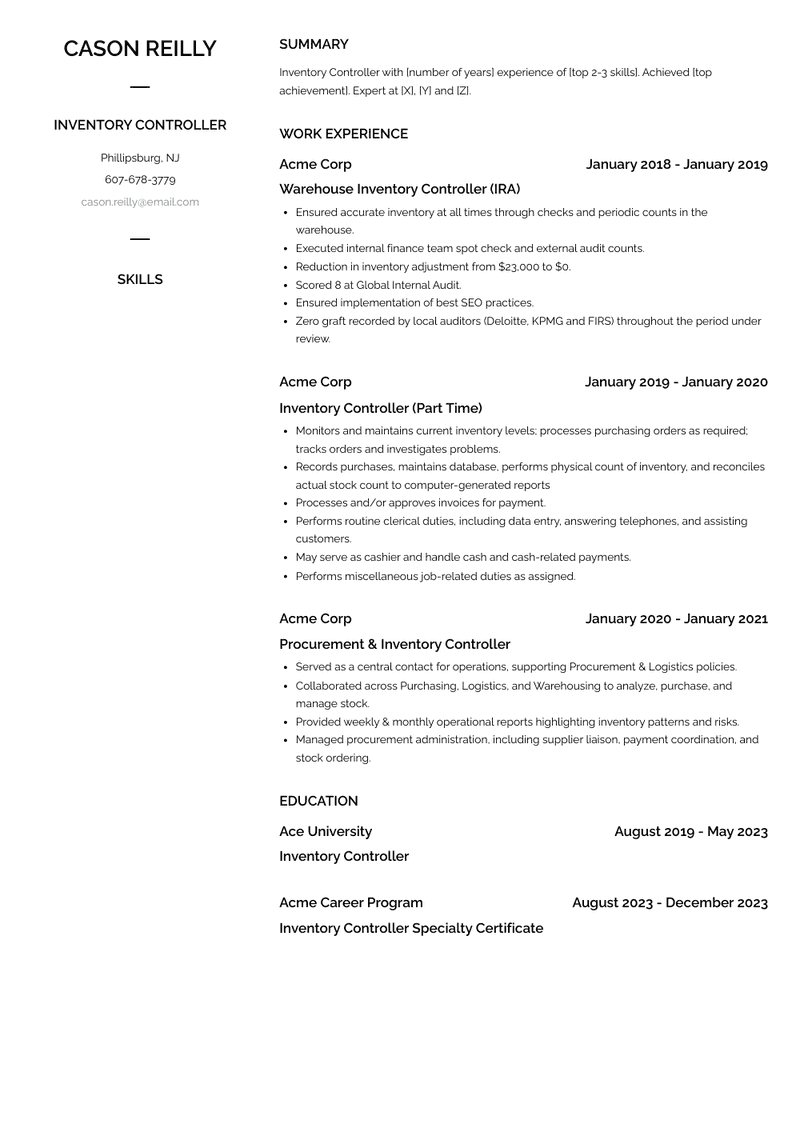 Inventory Controller Resume Sample and Template