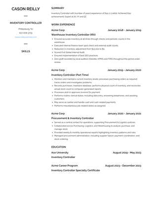 Inventory Controller Resume Sample and Template