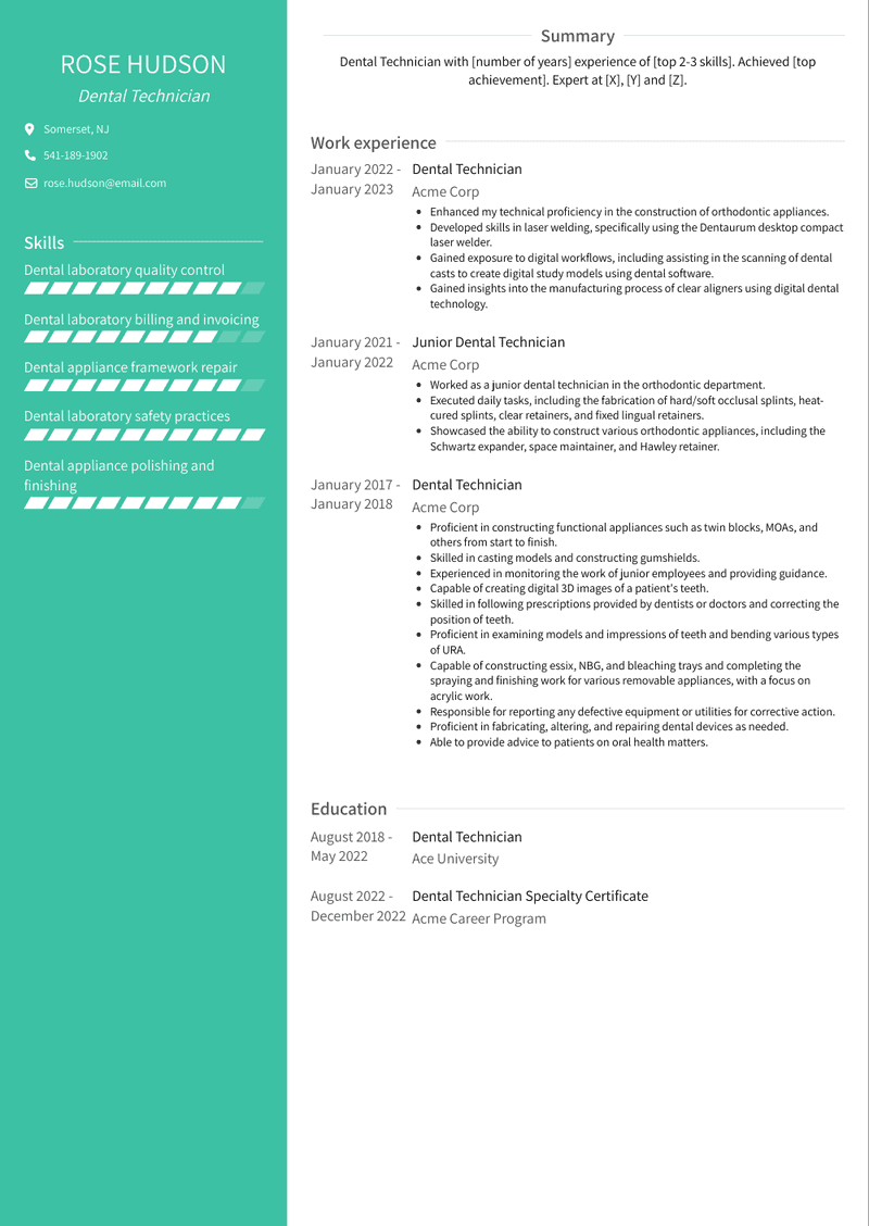 Dental Technician Resume Sample and Template