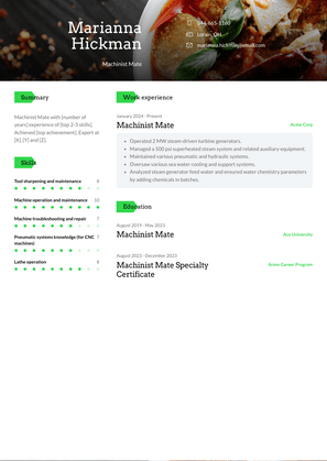 Machinist Mate Resume Sample and Template