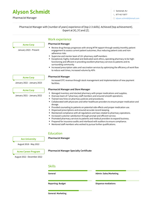 Pharmacist Manager Resume Sample and Template