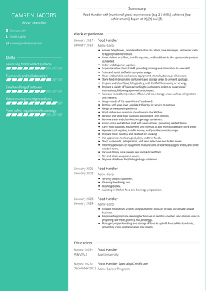 Food Handler Resume Sample and Template