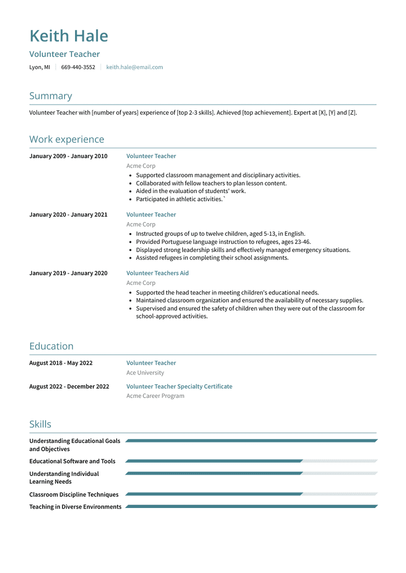 Volunteer Teacher Resume Sample and Template