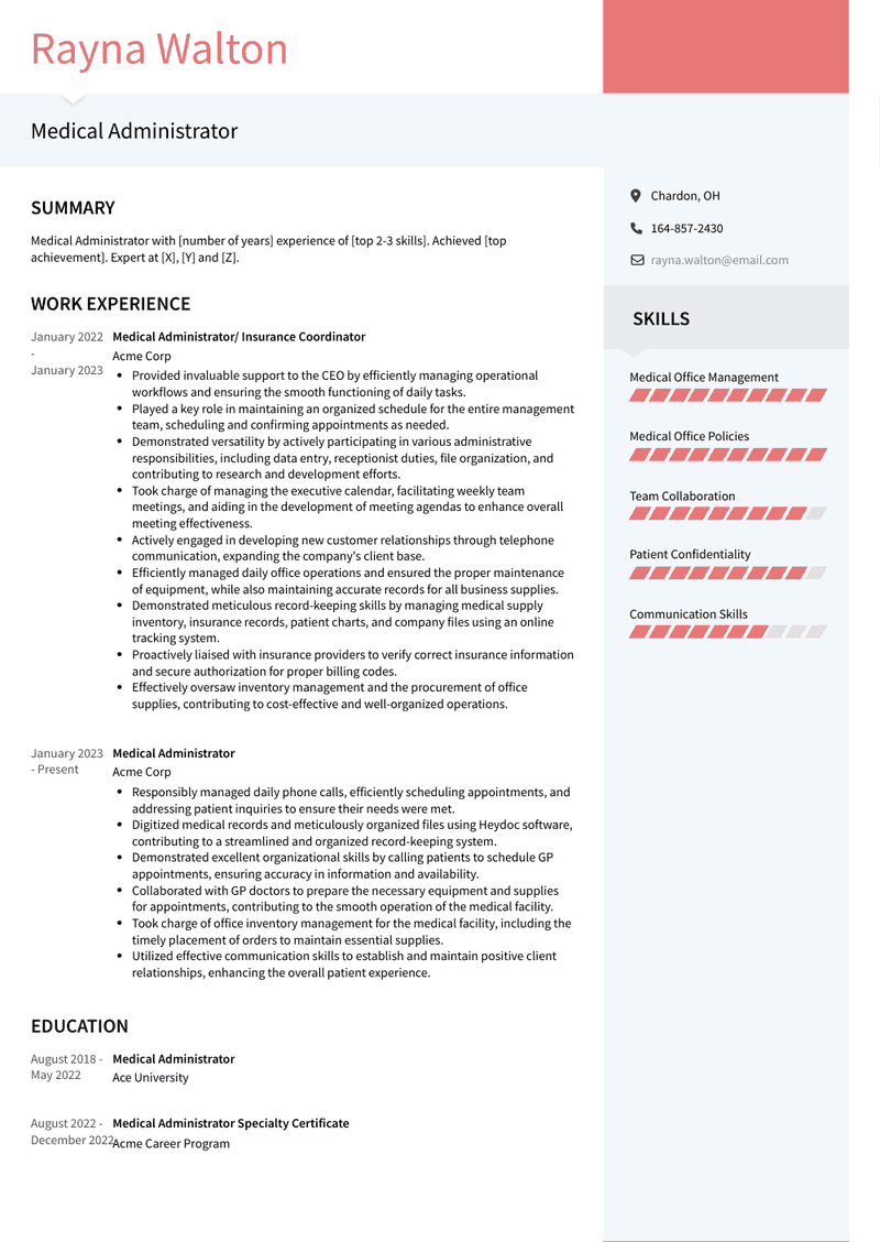 Medical Administrator Resume Sample and Template