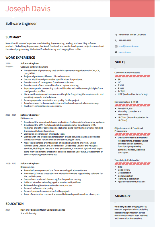 Canadian resume example for software engineering