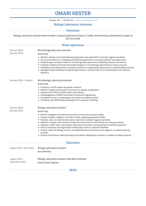 Biology Laboratory Assistant Resume Sample and Template