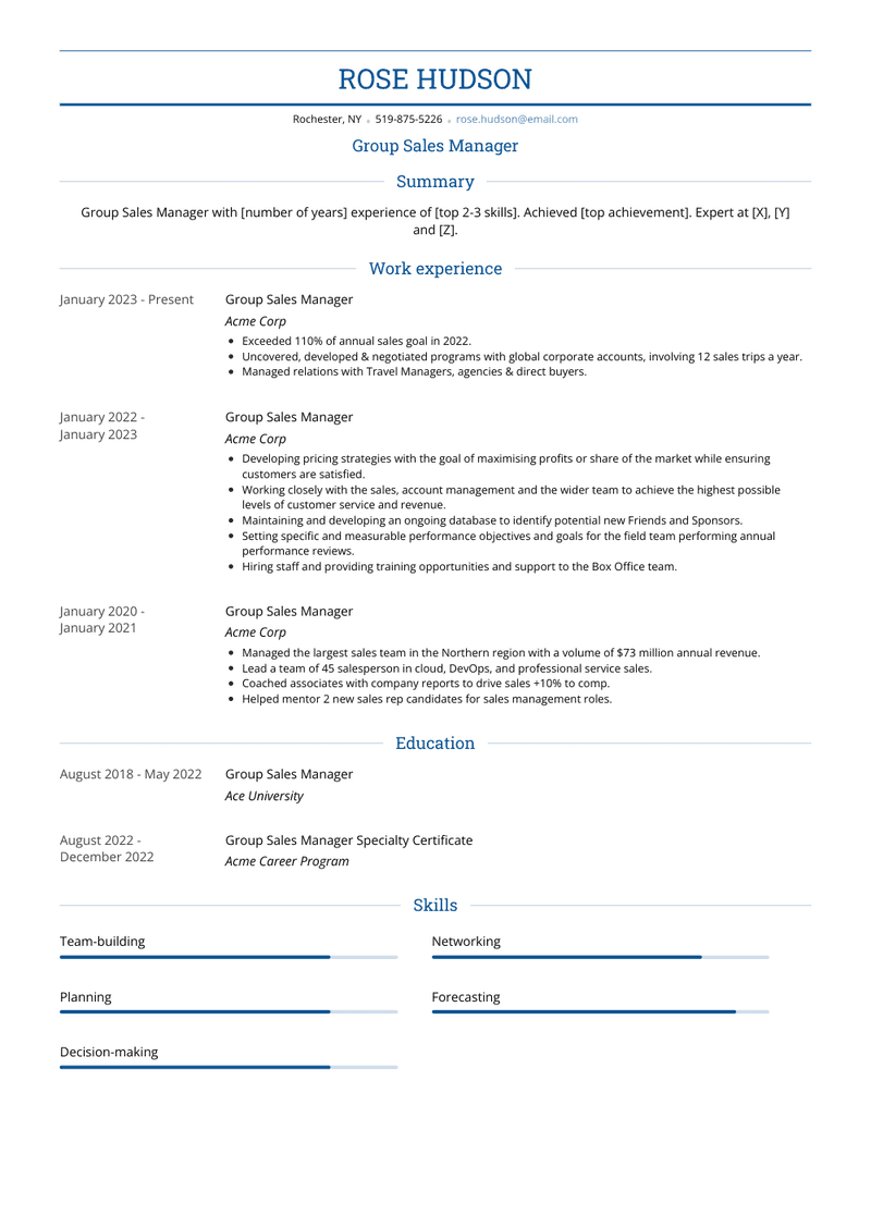Group Sales Manager Resume Sample and Template
