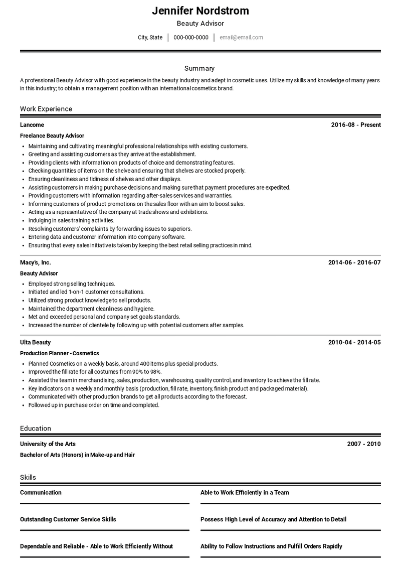 Freelance Beauty Advisor Resume Sample and Template