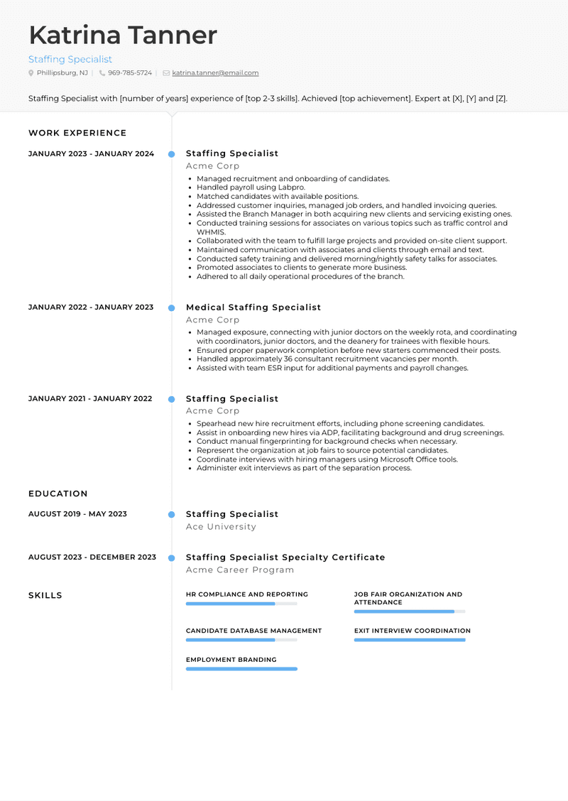 Staffing Specialist Resume Sample and Template