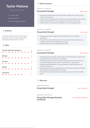 Group Sales Manager Resume Sample and Template