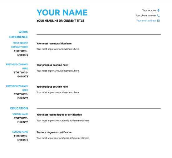 A Blank professional resume template using VisualCV's Arya template