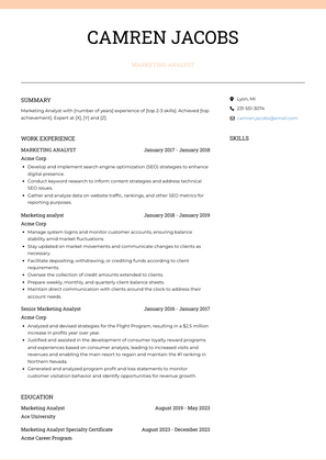 Marketing Analyst Resume Sample and Template