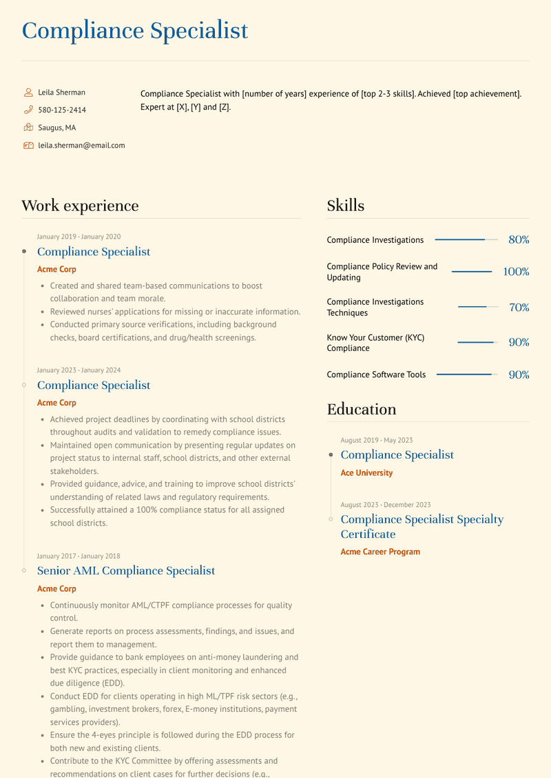 Compliance Specialist Resume Sample and Template