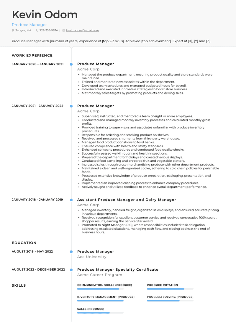 Produce Manager Resume Sample and Template
