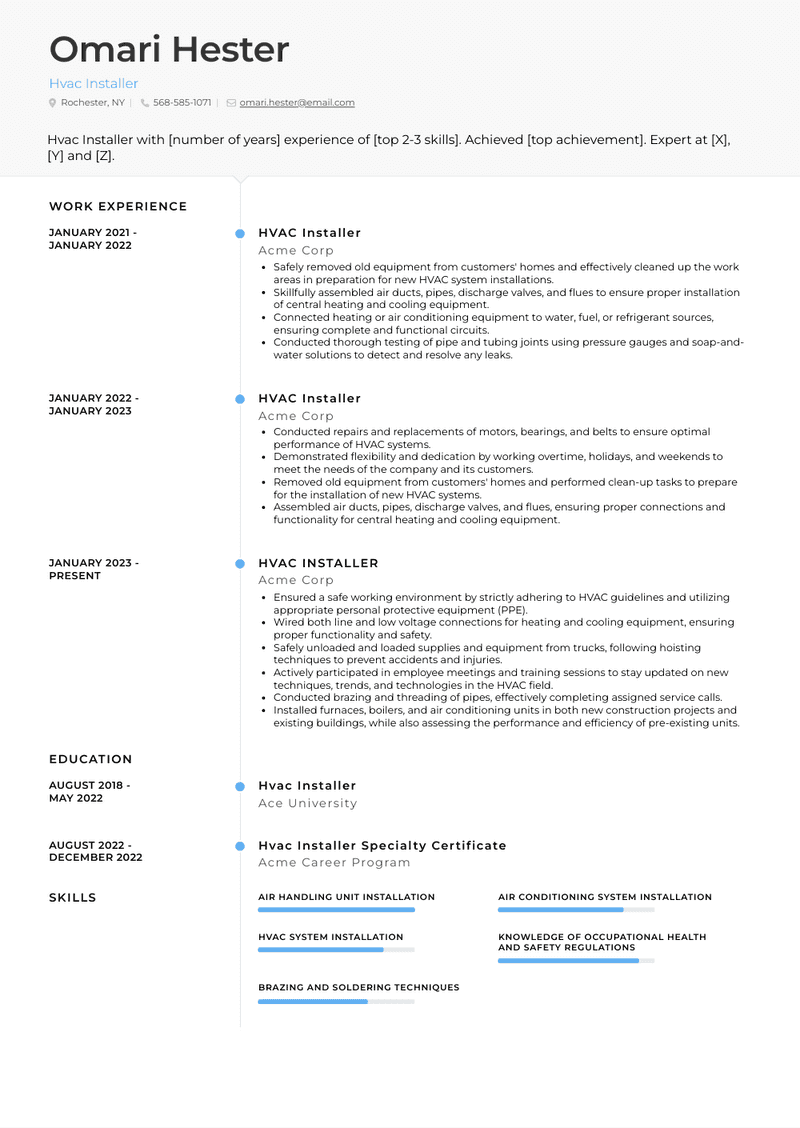 Hvac Installer Resume Sample and Template