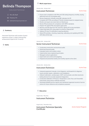 Instrument Technician Resume Sample and Template