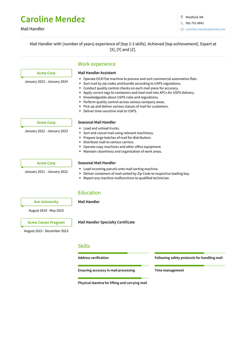 Mail Handler Resume Sample and Template