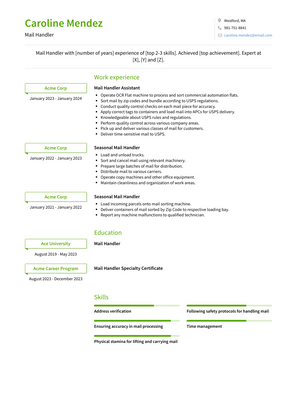 Mail Handler Resume Sample and Template