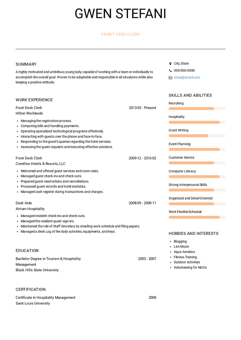 Front Desk Clerk Resume Sample and Template