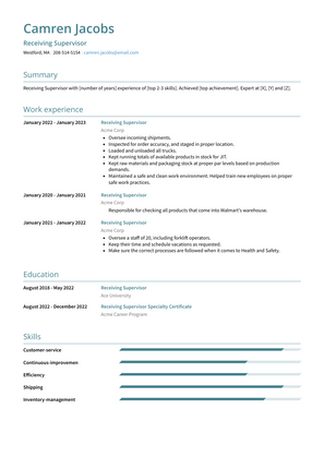 Receiving Supervisor Resume Sample and Template