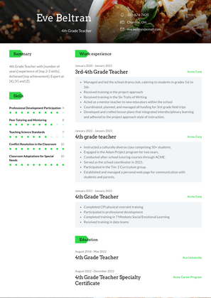 4th Grade Teacher Resume Sample and Template