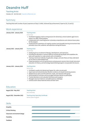 Teaching Artist Resume Sample and Template