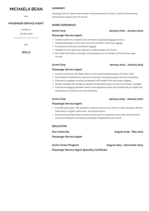 Passenger Service Agent Resume Sample and Template