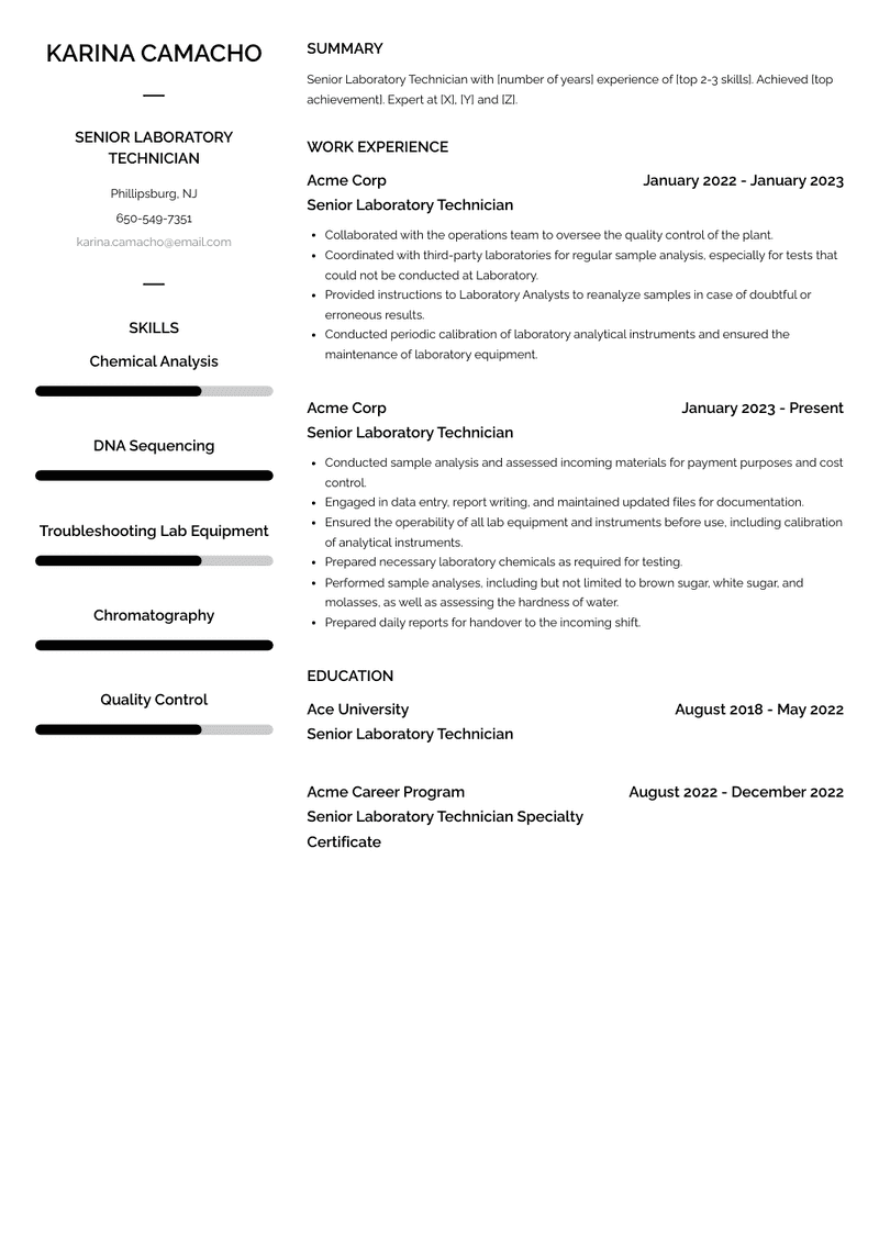 Senior Laboratory Technician Resume Sample and Template