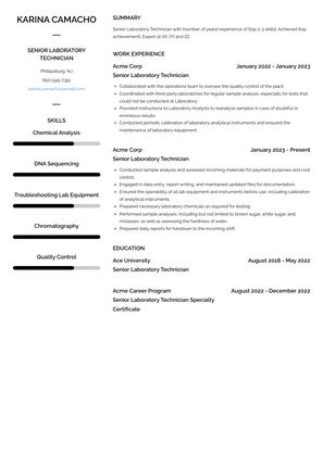 Senior Laboratory Technician Resume Sample and Template