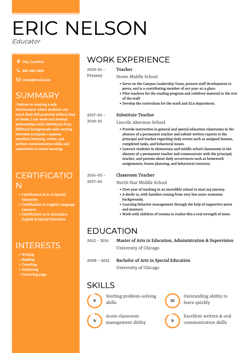 Middle School Teacher CV Example and Template