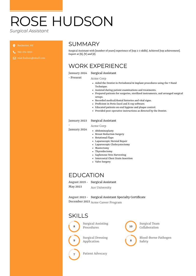 Surgical Assistant Resume Sample and Template