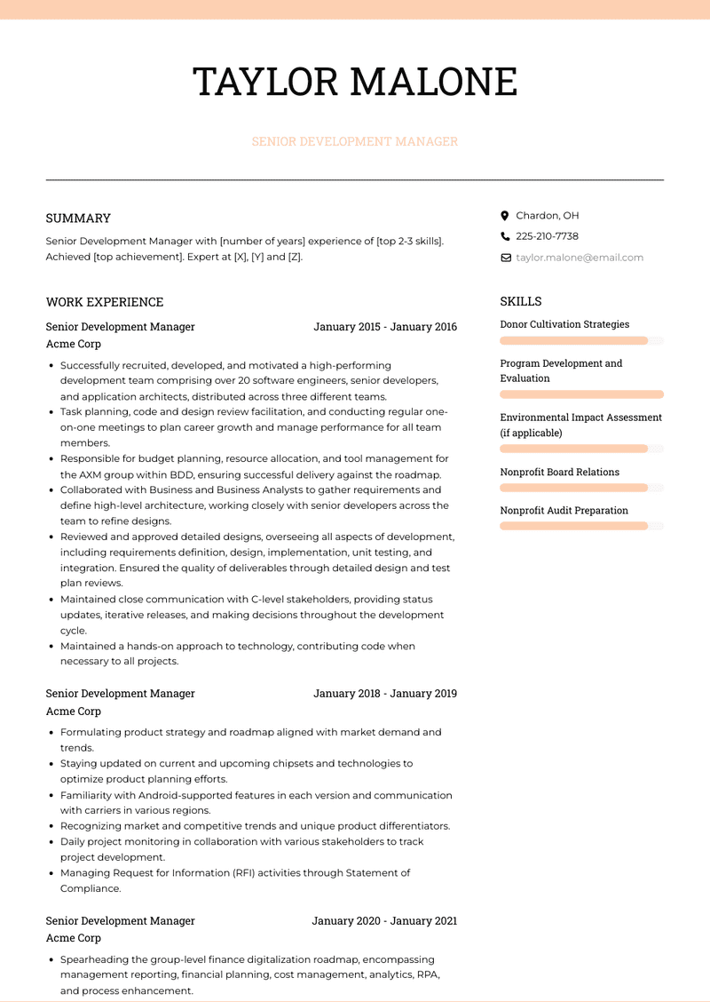 Senior Development Manager Resume Sample and Template